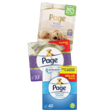 Page toiletpapier compleet schoon
pak à 40 rollen,
kussenzacht pak à 32 rollen
of puur pak à 24 rollen